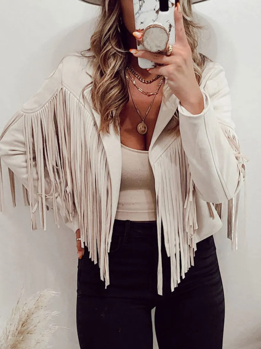 Veste Femme Courte à Col Revers avec Franges avec Manches Longues Unicolore