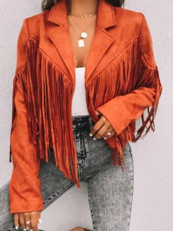 Veste Femme Courte à Col Revers avec Franges avec Manches Longues Unicolore