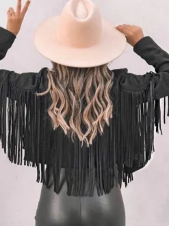 Veste Femme Courte à Col Revers avec Franges avec Manches Longues Unicolore