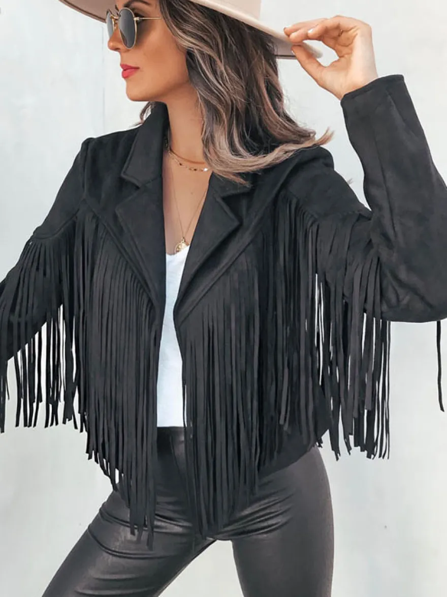 Veste Femme Courte à Col Revers avec Franges avec Manches Longues Unicolore