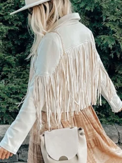 Veste Femme Courte à Col Revers avec Franges avec Manches Longues Unicolore