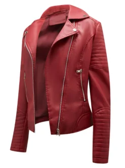 Veste Femme en Cuir Synthétique avec Manches Longues à Col Revers à Zip Unicolore