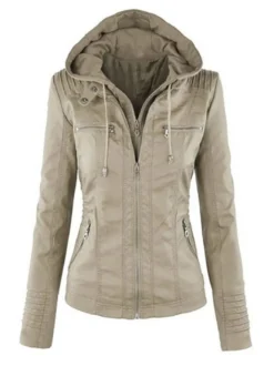 Veste Femme en Cuir Synthétique à Capuche avec Manches Longues à Zip Unicolore