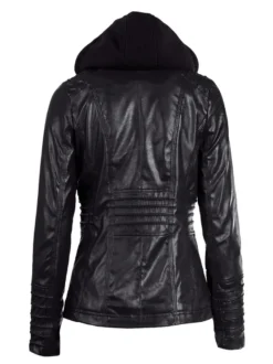 Veste Femme en Cuir Synthétique à Capuche avec Manches Longues à Zip Unicolore
