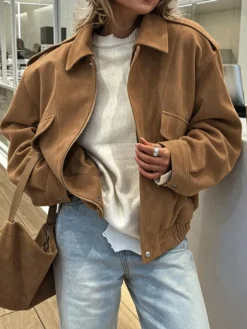 Veste femme style bomber oversize effet daim revers épaulettes ourlet élastique manteau cargo vintage