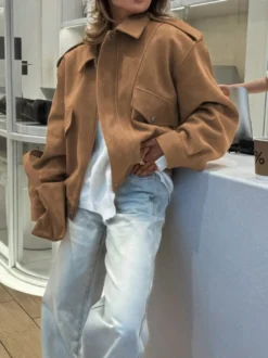 Veste femme style bomber oversize effet daim revers épaulettes ourlet élastique manteau cargo vintage