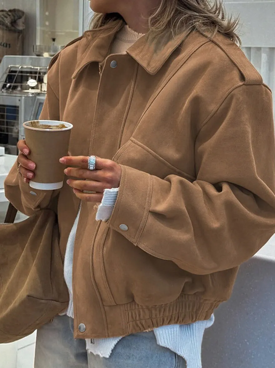 Veste femme style bomber oversize effet daim revers épaulettes ourlet élastique manteau cargo vintage