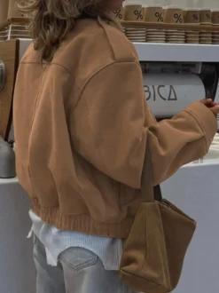 Veste femme style bomber oversize effet daim revers épaulettes ourlet élastique manteau cargo vintage