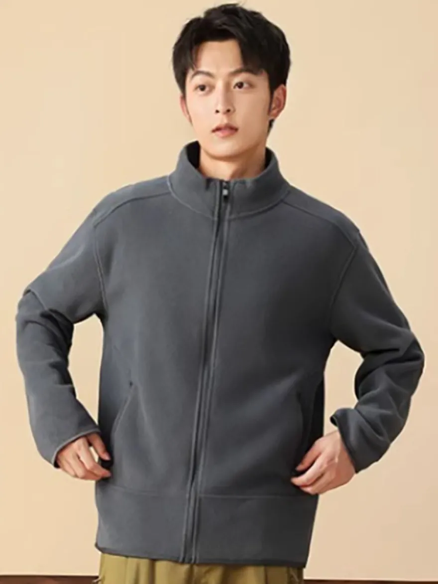 Veste Polaire Homme Unicolore Manteau Chaud Hiver Poche À Glissière Éclaire