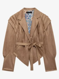Veste portefeuille en suédine pour femme - Blazer marron tailleur coupe sablier épaules structurées - Collection printemps chic streetwear 2026