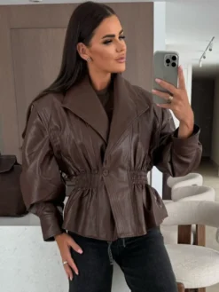 Veste péplum chic en similicuir noir blazer à taille élastique pour femme 2026