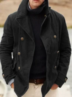 Vestes Et Manteaux Homme Casuel Col Rabattu Noire Double Boutonnage