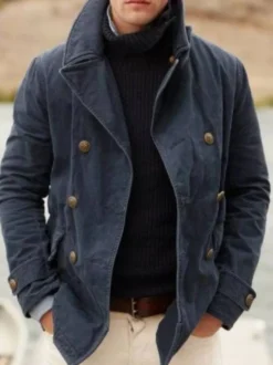 Vestes Et Manteaux Homme Casuel Col Rabattu Noire Double Boutonnage
