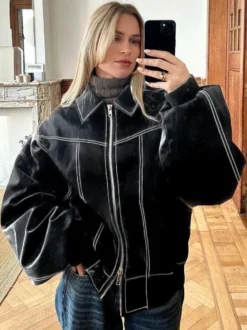Vestes femmes col rabattu fermeture éclair décontracté manches bouffantes