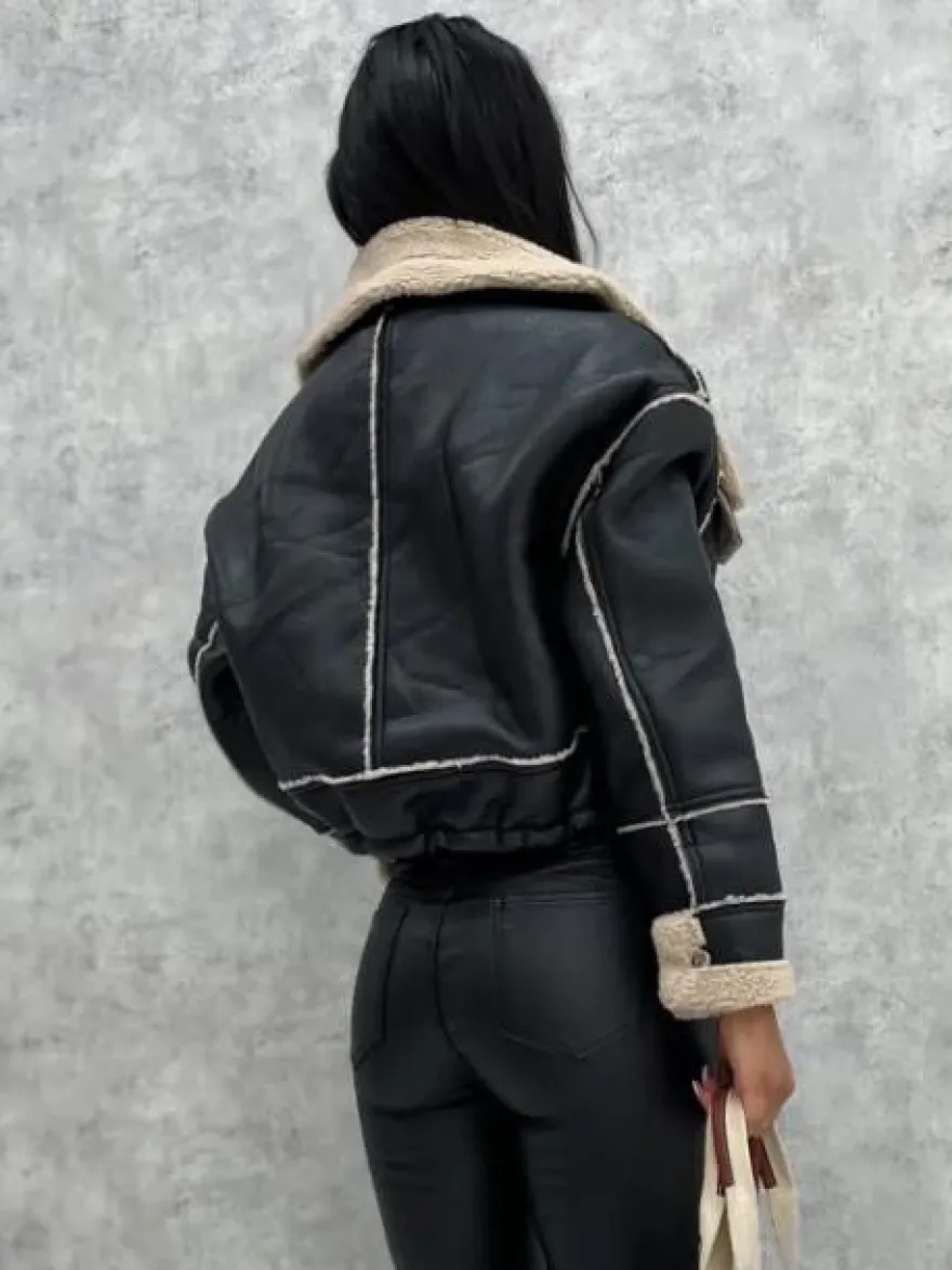 Vestes Femmes Col Rabattu Polaire Punk Manteau Noire Pour Femme