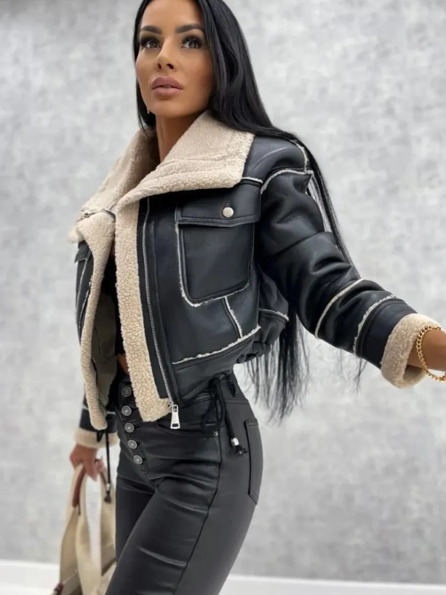 Vestes Femmes Col Rabattu Polaire Punk Manteau Noire Pour Femme