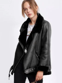Vestes Manteau Moto Femmes à Cuir Synthétique Cousu Fausse Fourrure à Col Revers avec Manches Longues avec Poches Unicolore