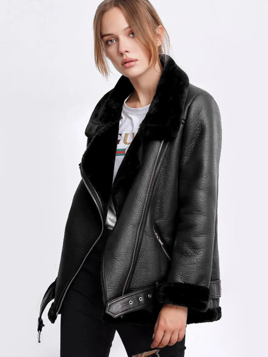 Vestes Manteau Moto Femmes à Cuir Synthétique Cousu Fausse Fourrure à Col Revers avec Manches Longues avec Poches Unicolore