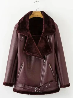 Vestes Manteau Moto Femmes à Cuir Synthétique Cousu Fausse Fourrure à Col Revers avec Manches Longues avec Poches Unicolore