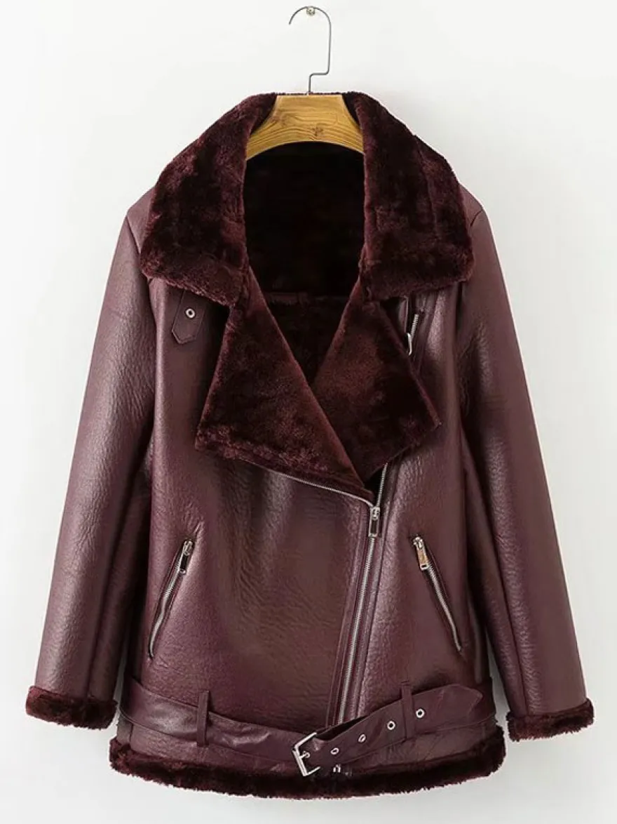 Vestes Manteau Moto Femmes à Cuir Synthétique Cousu Fausse Fourrure à Col Revers avec Manches Longues avec Poches Unicolore