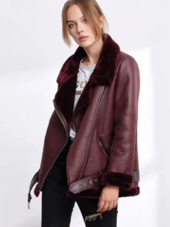 Vestes Manteau Moto Femmes à Cuir Synthétique Cousu Fausse Fourrure à Col Revers avec Manches Longues avec Poches Unicolore