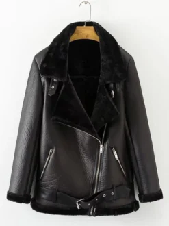 Vestes Manteau Moto Femmes à Cuir Synthétique Cousu Fausse Fourrure à Col Revers avec Manches Longues avec Poches Unicolore