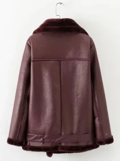 Vestes Manteau Moto Femmes à Cuir Synthétique Cousu Fausse Fourrure à Col Revers avec Manches Longues avec Poches Unicolore