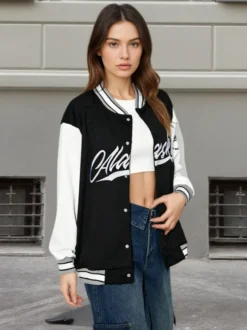 Veste universitaire à imprimé cursif et color block style baseball rayé à col côtelé vêtements d'extérieur streetwear pour femmes
