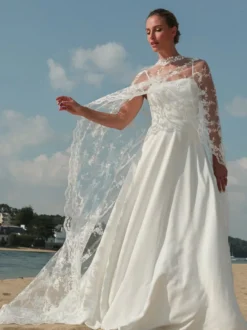 Voile de mariage à un niveau avec bordure en dentelle et fleurs