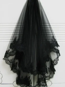Voiles de mariage noir plissé crêpe longue voile de mariée classique