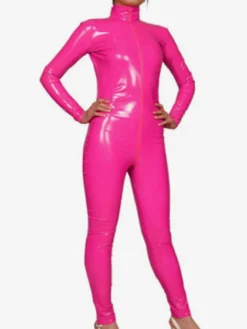 Vêtement de zentai rose de combinaison de PVC collant sans gants