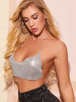 Vêtements de Clubs en Paillettes Taille Haute Gilets avec Bretelles à Col Décolleté en V Tops Sexy Femmes Etés